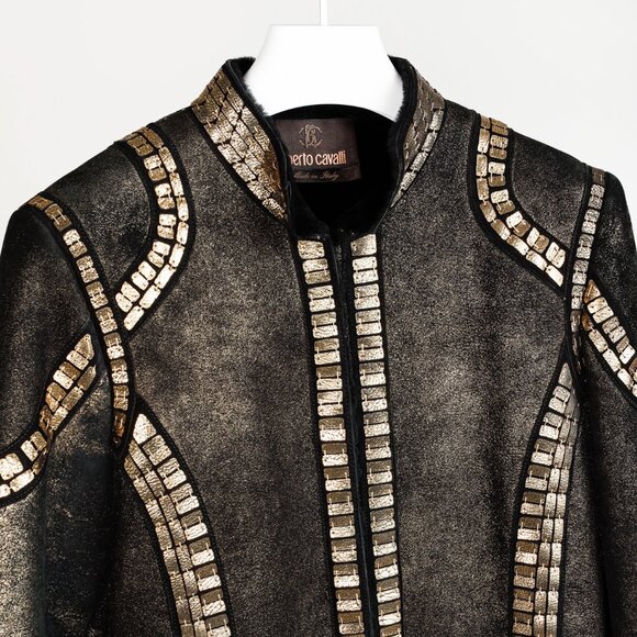Roberto Cavalli Embellished Black Gold Sheepskin Jacket - Picture 3 of 11